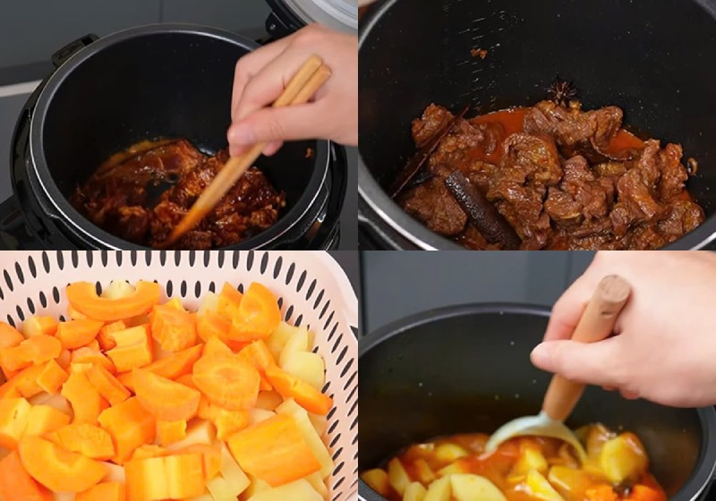 Cho rau củ, nước vào nồi thịt bò đã ướp kỹ