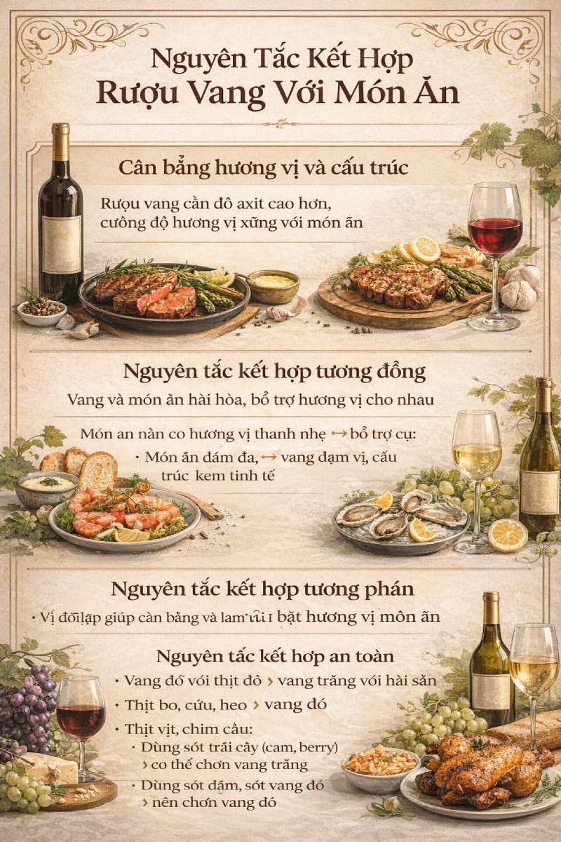 Những nguyên tắc cơ bản khi kết hợp rượu vang với món ăn