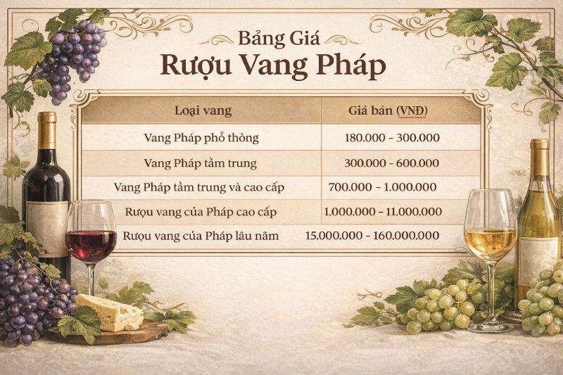Bảng giá các loại rượu vang Pháp mới nhất 2026