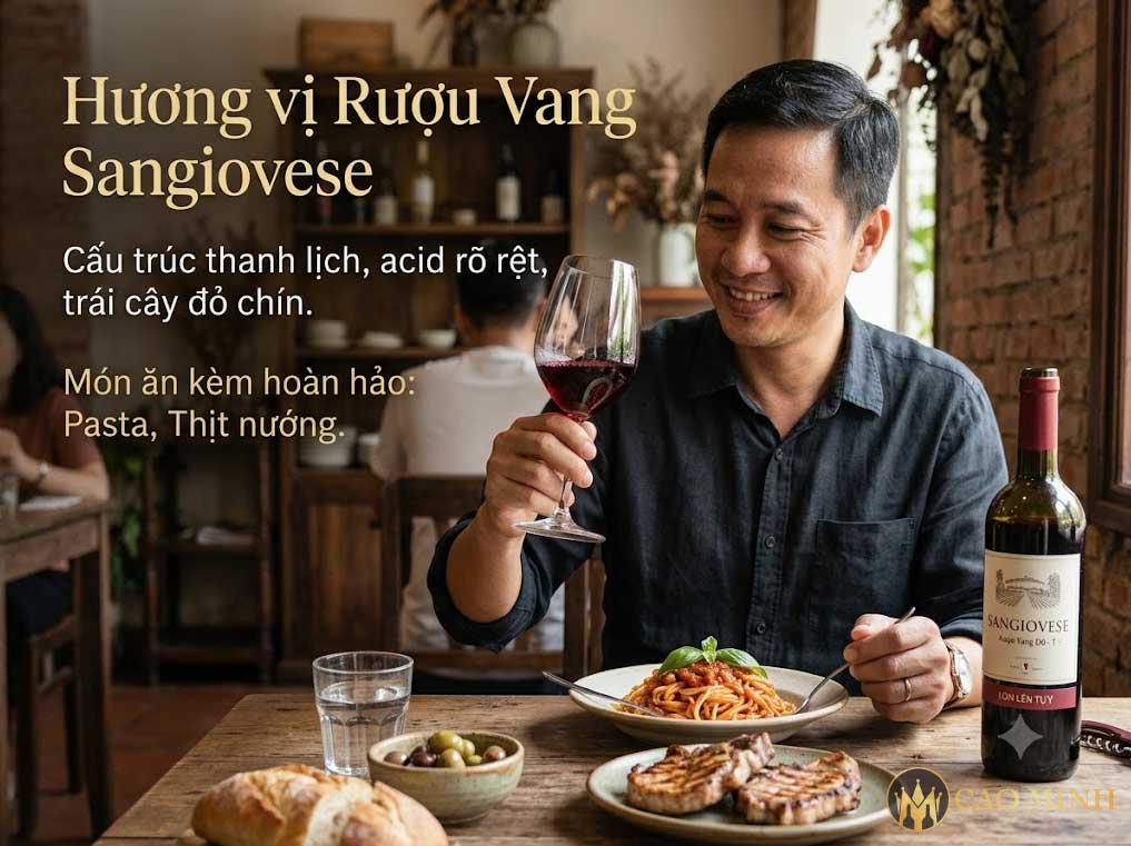 Rượu vang làm từ nho Sangiovese có hương vị đậm đà, mạnh mẽ và độ acid cao