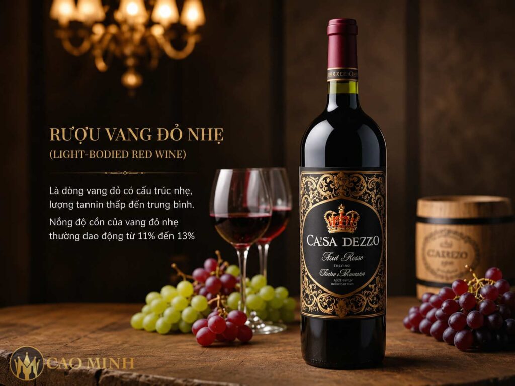 Rượu vang đỏ nhẹ có cấu trúc nhẹ, hàm lượng tannin thấp đến trung bình