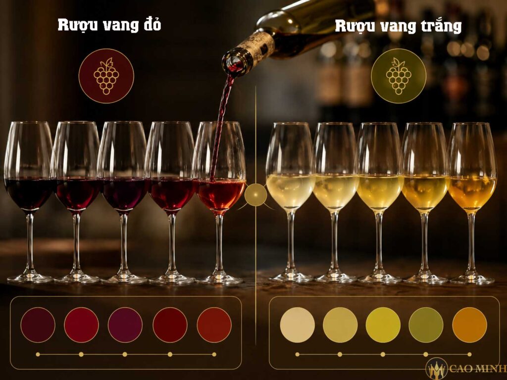 Rượu vang đỏ có màu sắc đỏ đậm bắt mắt hơn rượu vang trắng