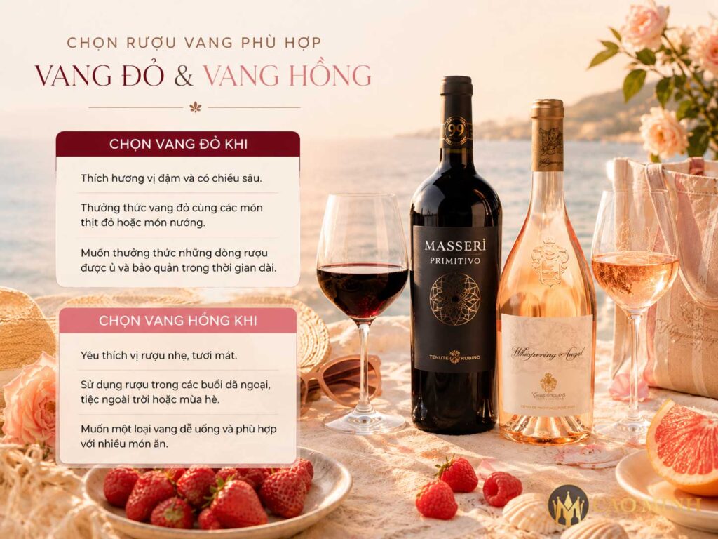 Lựa chọn rượu vang đỏ hoặc vang hồng dựa trên khẩu vị và mục đích sử dụng