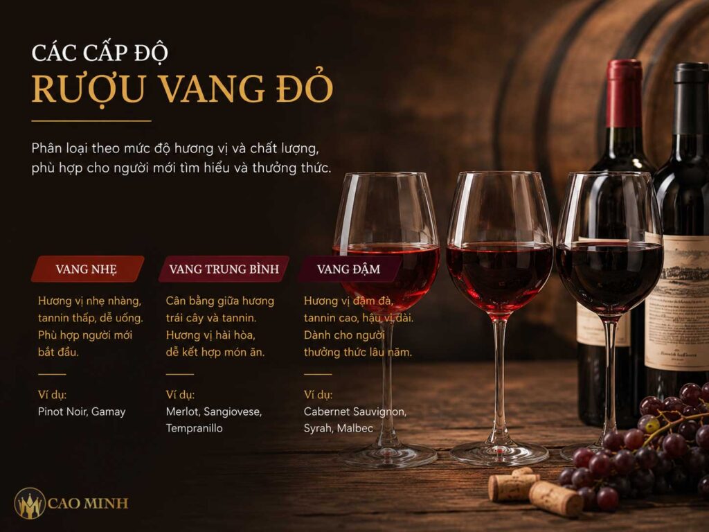 Cấp độ rượu vang đỏ được xác định theo nhiều tiêu chí khác nhau 