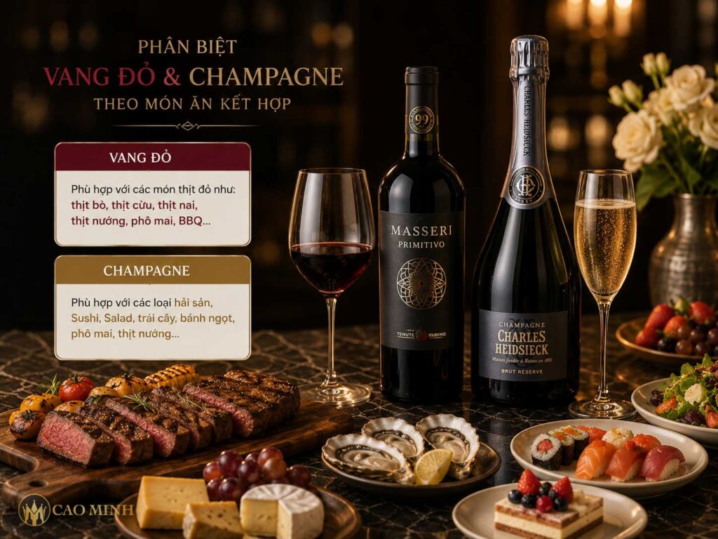 Phân biệt vang đỏ và Champagne theo món ăn kết hợp
